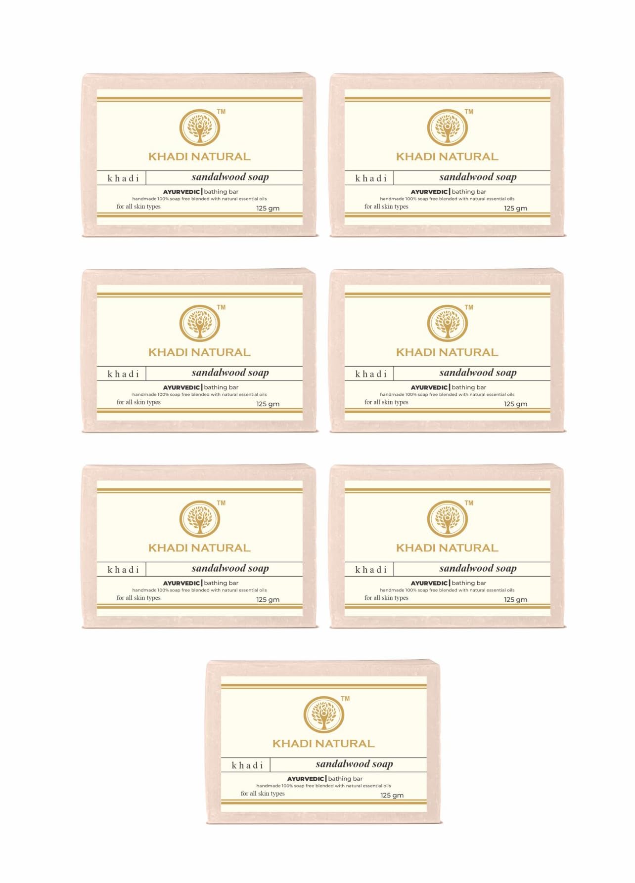 Seven Khadi sandalwood bar soaps in retail box packaging