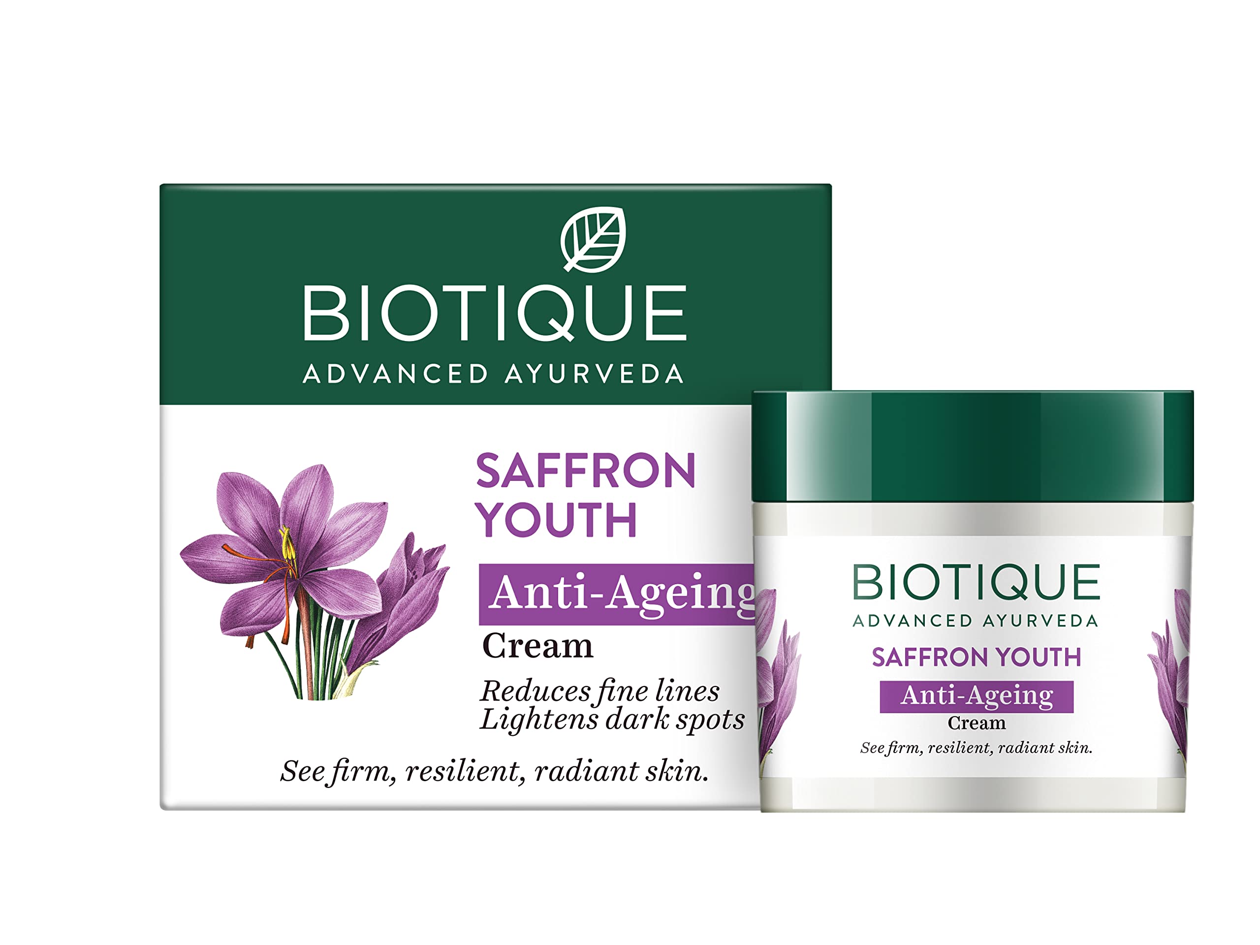 Front view of Biotique saffron moisturizer face cream jar