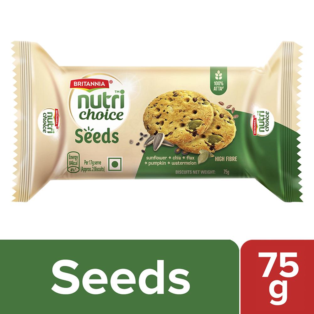 Front pack of Britannia NutriChoice seeds biscuits 75 g x 3