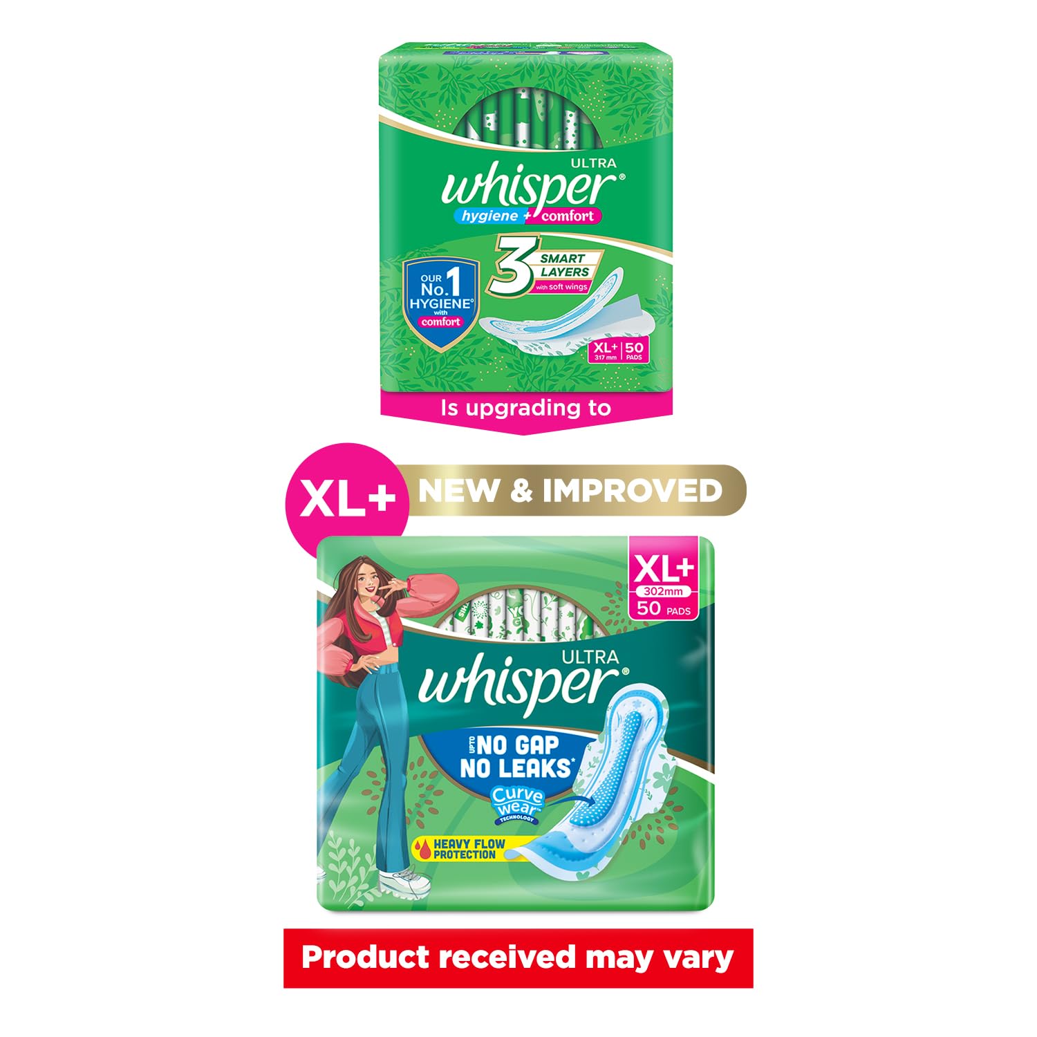 WHISPER ULTRA HYGIENE+COMFORT SANITARY PADS, 50 XL+ PADS, FOR HEAVY FLOW, LONG LASTING PROTECTION, LOCKS ODOUR & WETNESS, DRY TOP SHEET, DISPOSABLE WRAPPER – view 2