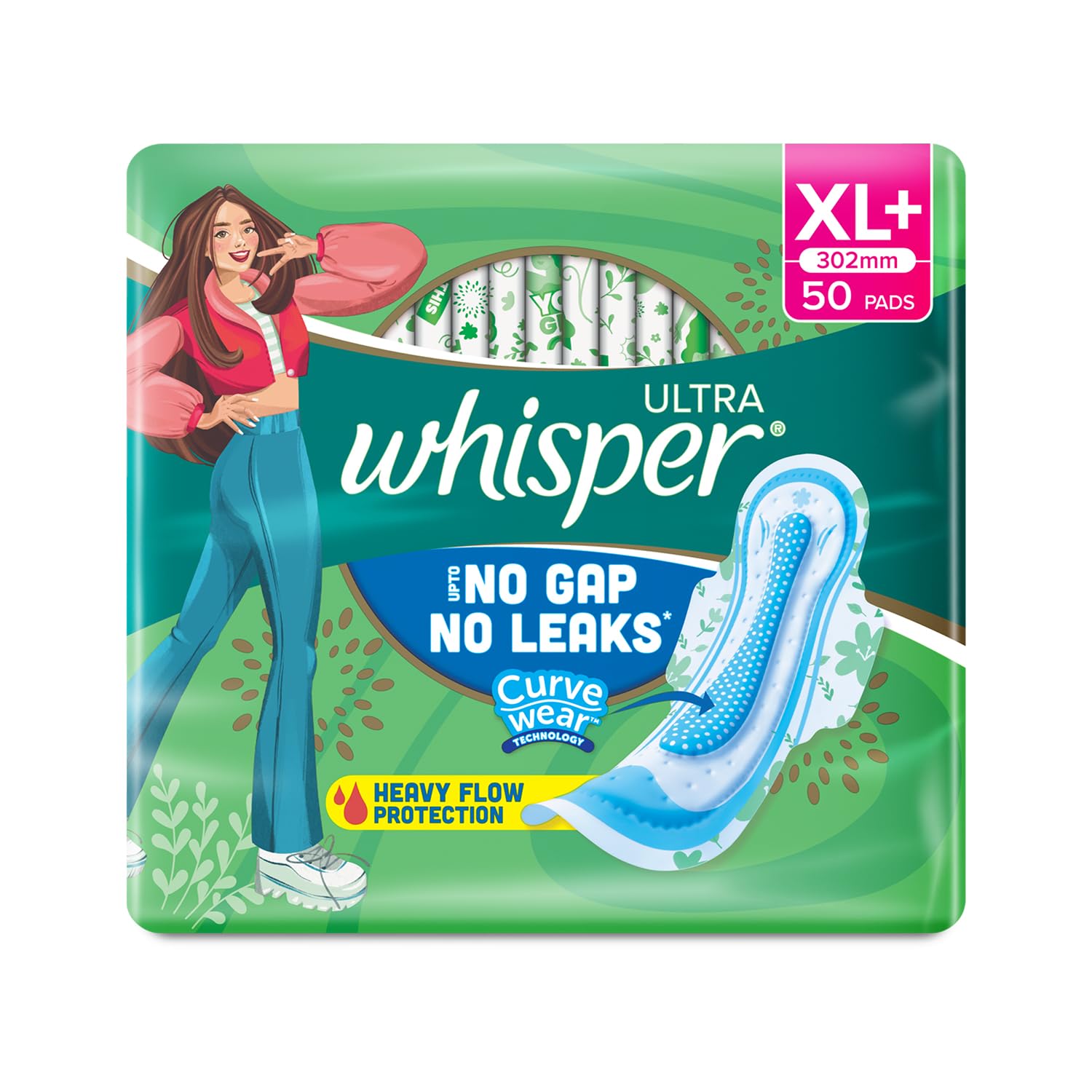 WHISPER ULTRA HYGIENE+COMFORT SANITARY PADS, 50 XL+ PADS, FOR HEAVY FLOW, LONG LASTING PROTECTION, LOCKS ODOUR & WETNESS, DRY TOP SHEET, DISPOSABLE WRAPPER – view 7