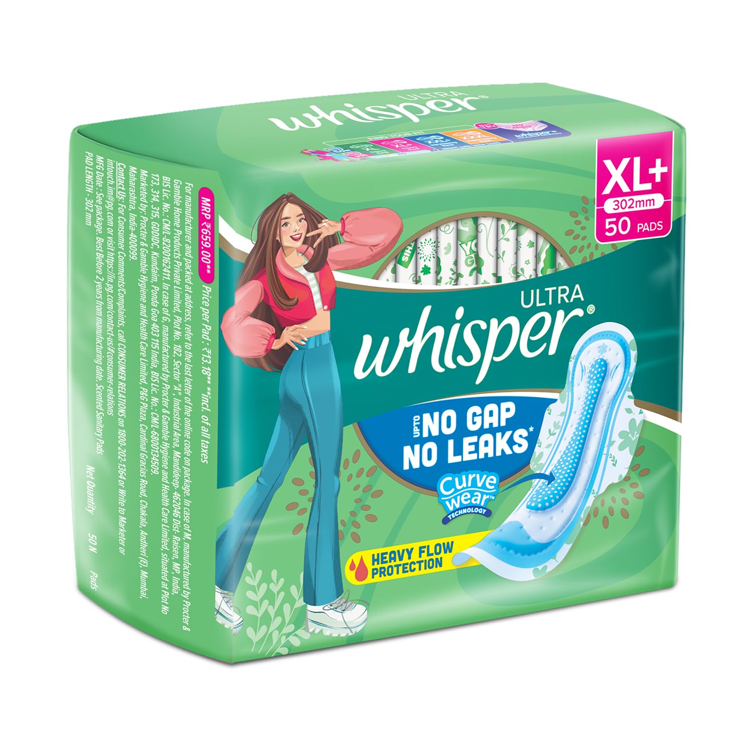 WHISPER ULTRA HYGIENE+COMFORT SANITARY PADS, 50 XL+ PADS, FOR HEAVY FLOW, LONG LASTING PROTECTION, LOCKS ODOUR & WETNESS, DRY TOP SHEET, DISPOSABLE WRAPPER – view 8