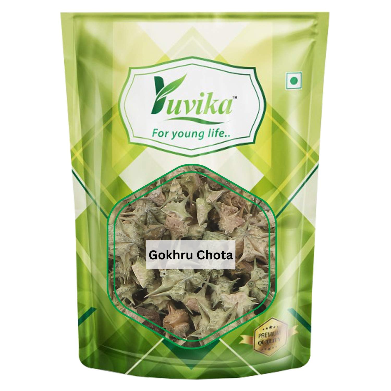 Front pack of Yuvika Gokhru Chota small caltrops 400 grams