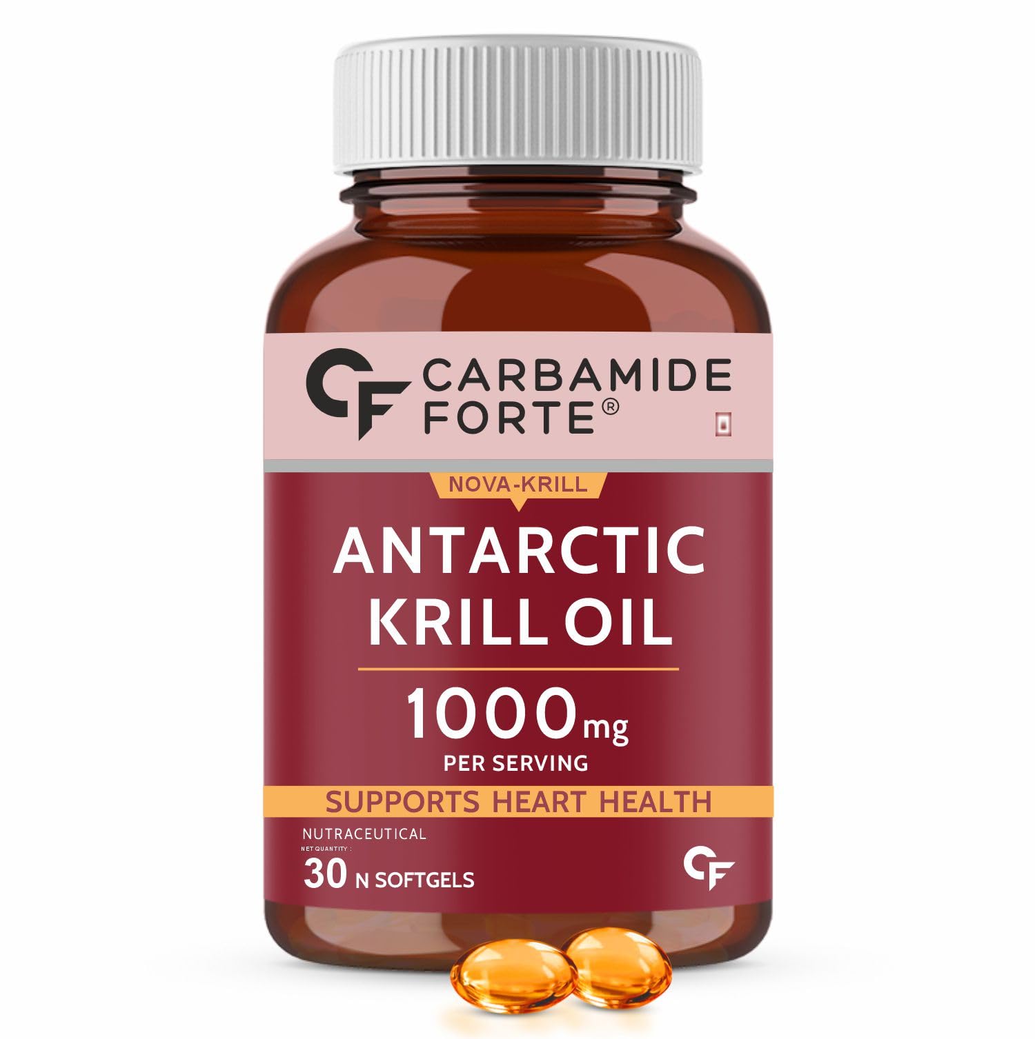 Bottle of Carbamide Forte krill oil capsules with astaxanthin
