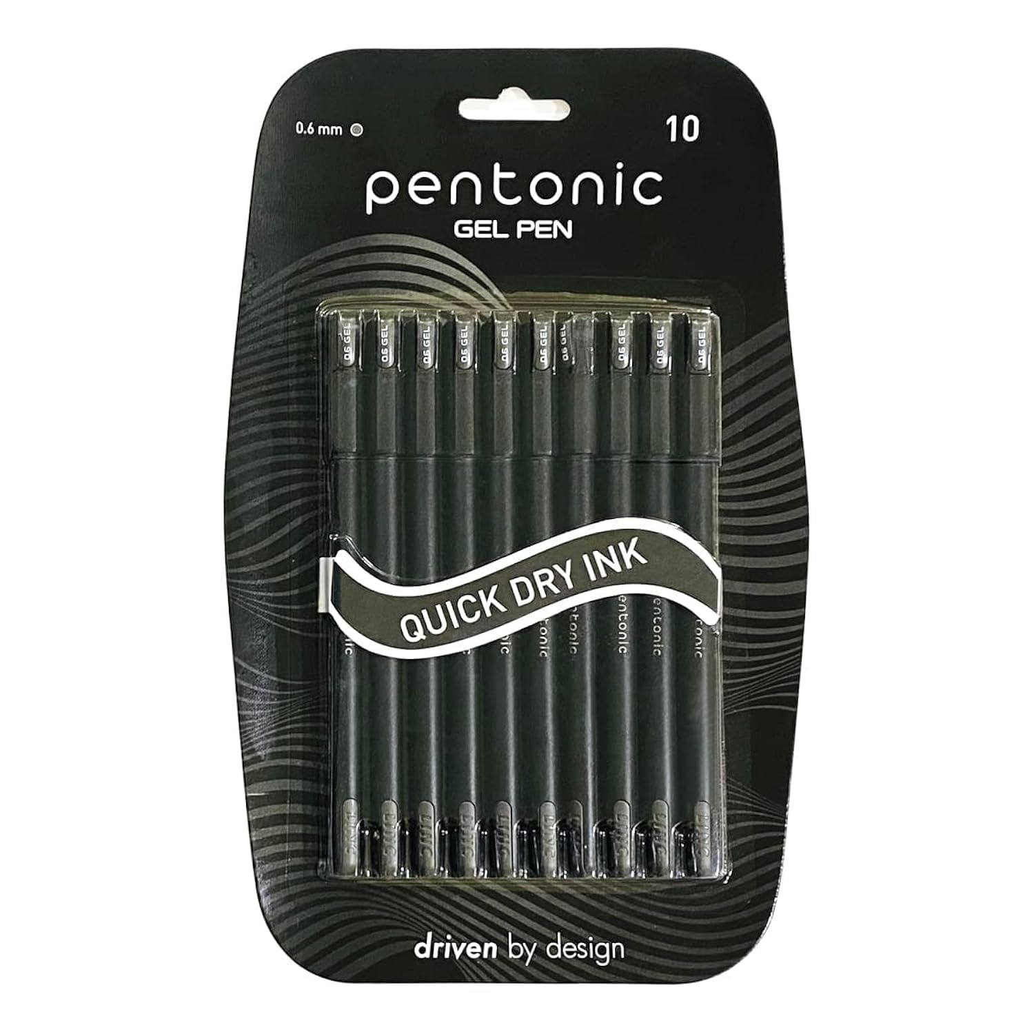 Ten Pentonic black gel pens with 0.6 mm fine tips