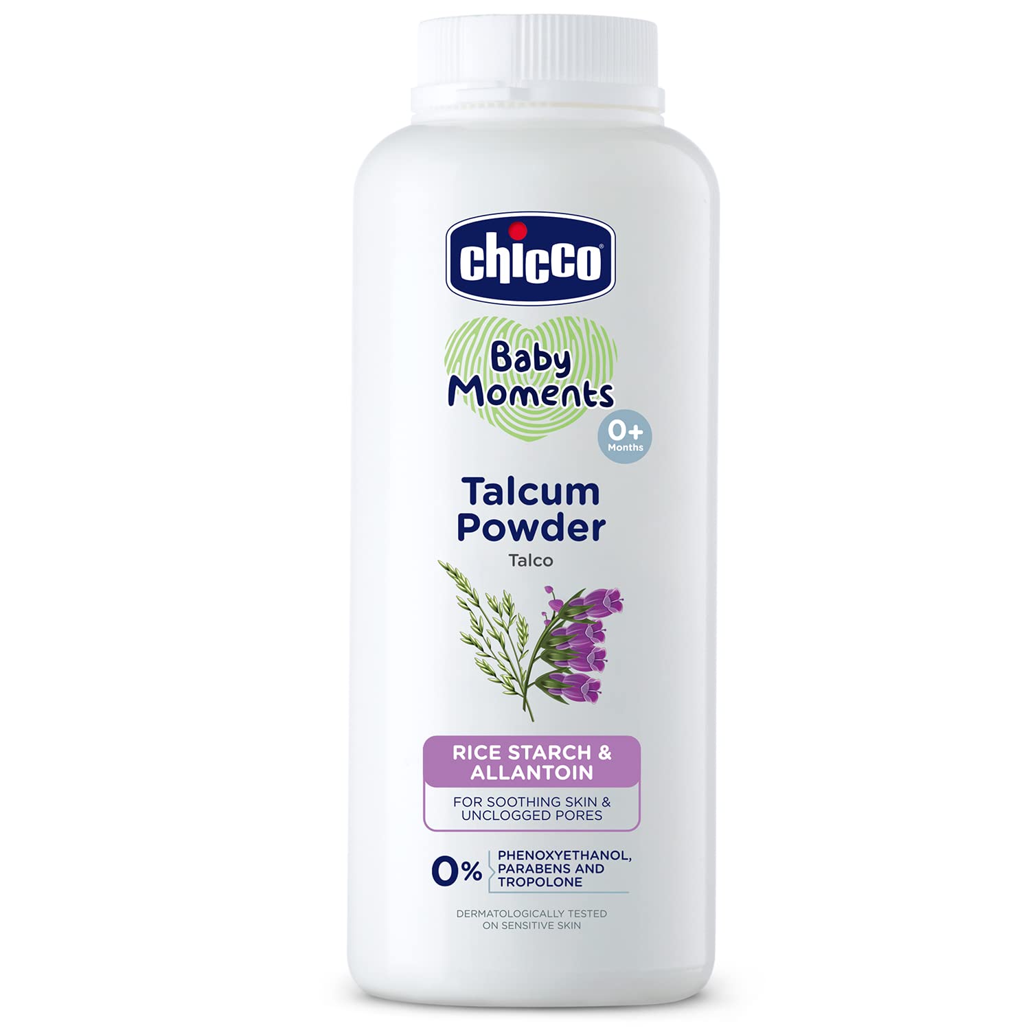Front view of Chicco Baby Moments talcum powder 150g bottle