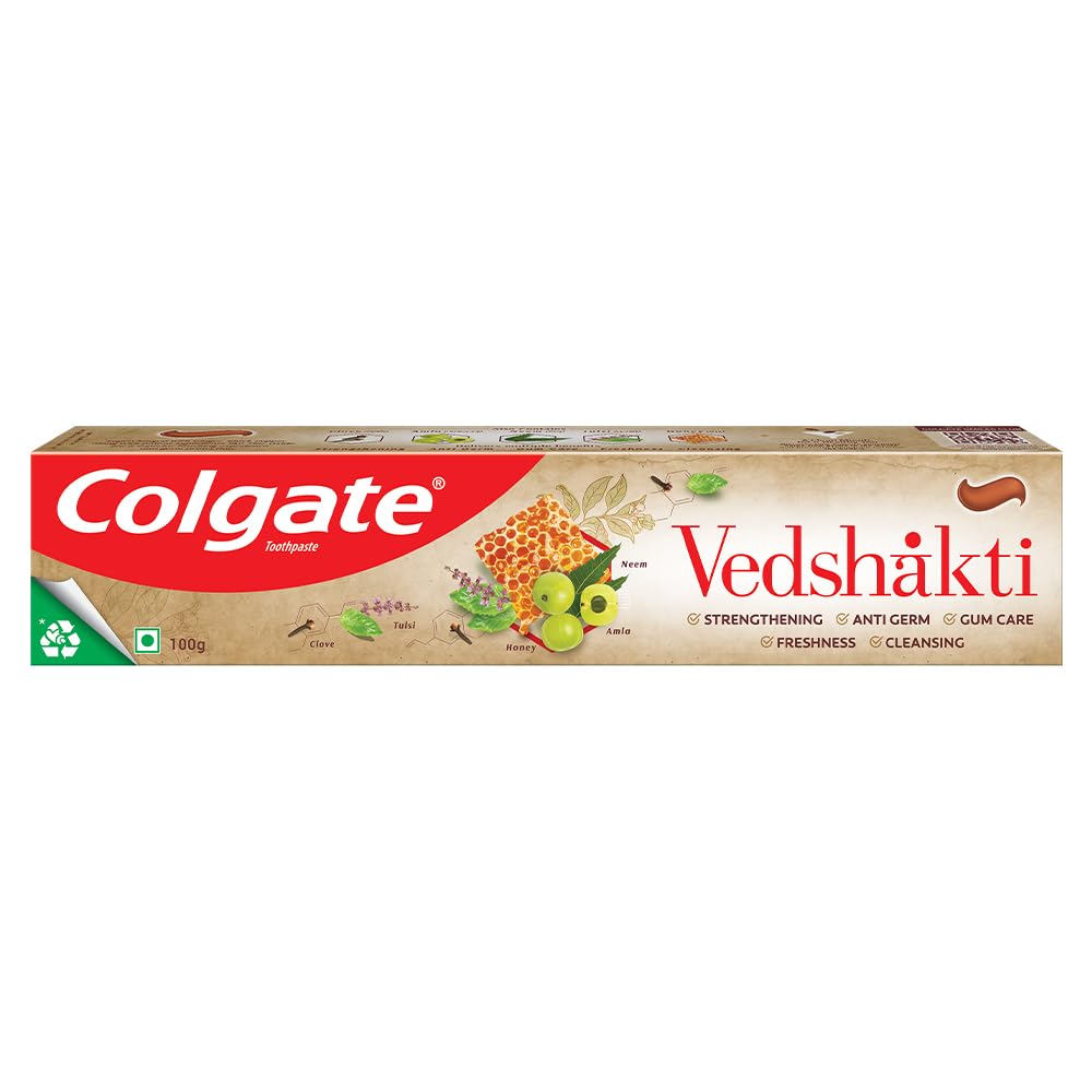 Front view of Colgate Swarna Vedshakti ayurvedic toothpaste 100 g