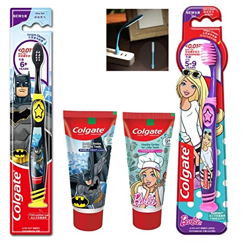 Colgate Kids Anti cavity extra Soft Tongue Cleaner Toothbrush Batman + Barbie & Anticavity Batman + Barbie Toothpaste For Kids - 80g + 80g (Bubble Fruit Flavour) Soft - 1 pc (Free Usb Led) – view 2