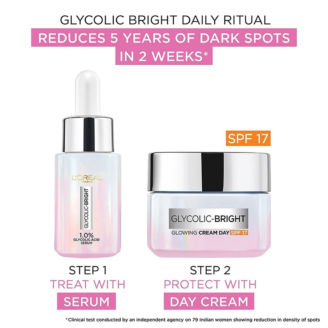 L'Oreal Paris Glycolic Bright Skin Brightening Serum, 15ml 1% Glycolic Acid For Dark Spots, Pigmentation & Uneven Skin Tone + Glycolic Bright Day Cream With Spf17, 15ml, Regime (Pack Of 2) – view 8