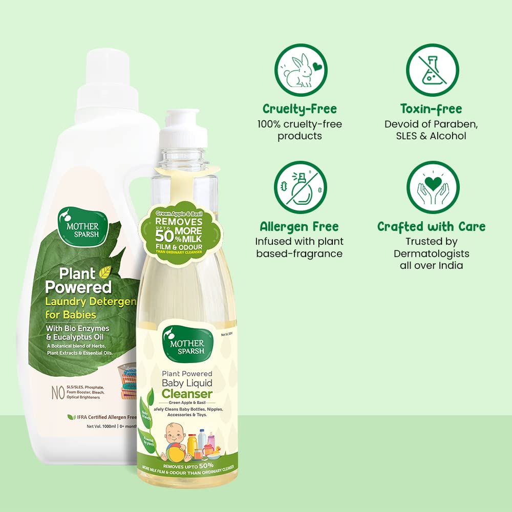 Mother Sparsh Plant Powered Baby Laundry Liquid Detergent, 1Ltr. & Natural Baby Liquid Cleanser with Green Apple & Basil, 500 ml – view 5