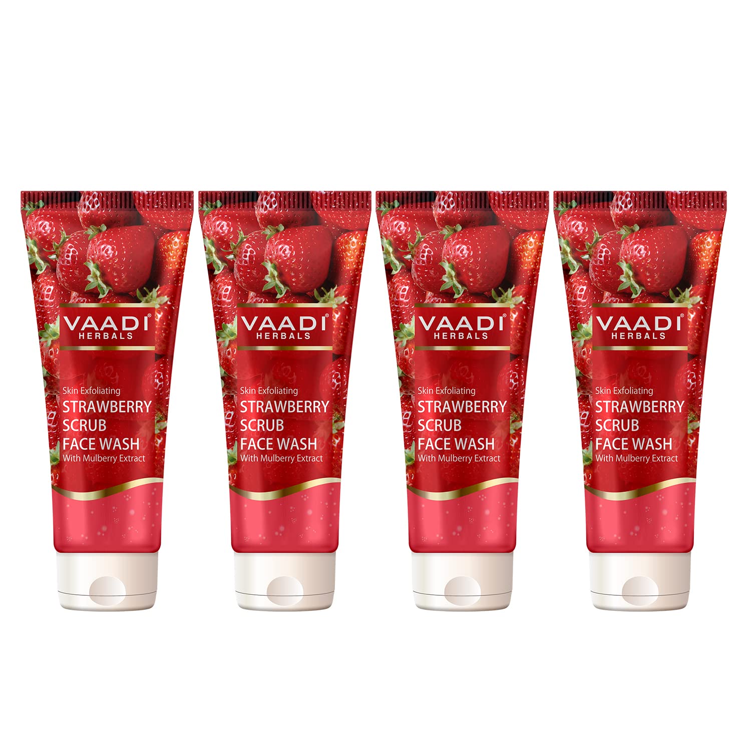 Four Vaadi Herbals strawberry scrub face wash bottles with mulberry extract