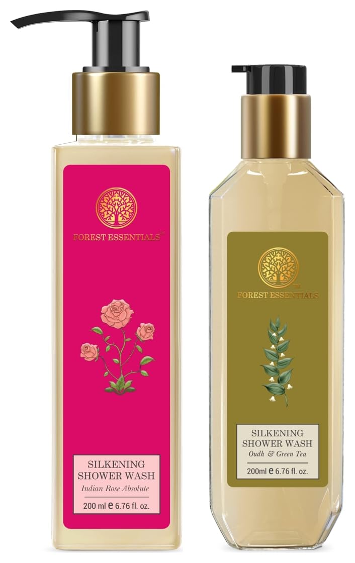 Silkening shower wash combo with Indian Rose and Oudh Green Tea bottles