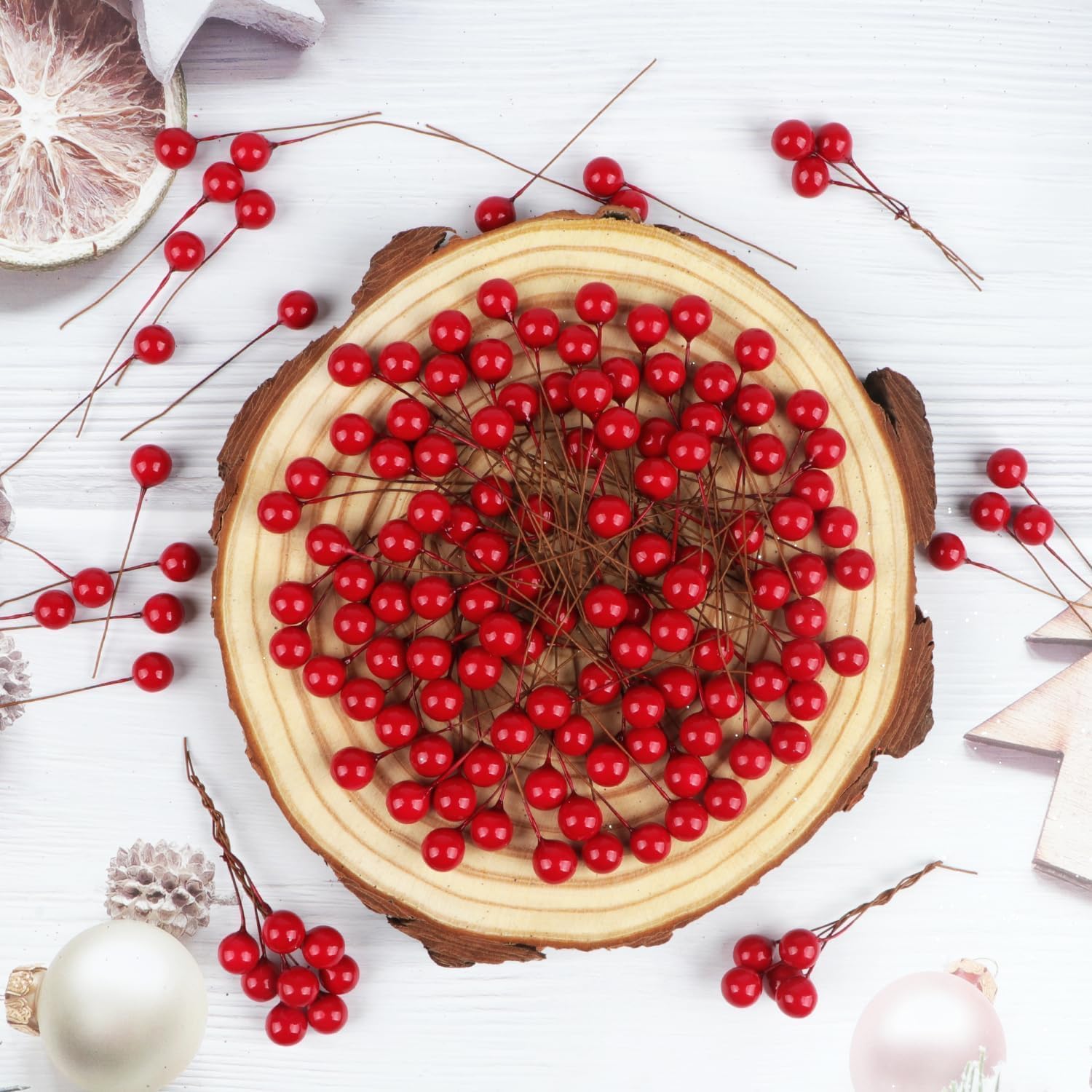 Artificial red berry wire stems for wreath and tree decorating