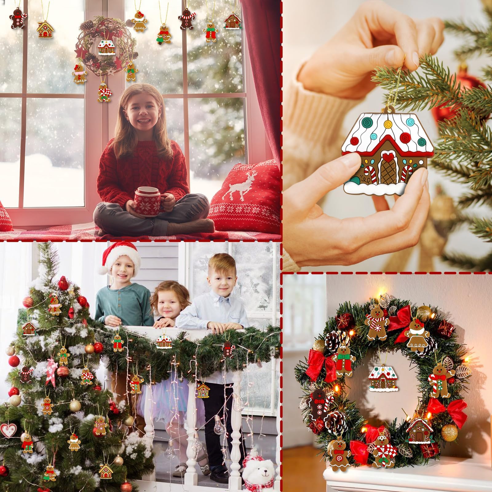 16Pcs Christmas Decorations, Gingerbread House Ornaments, Festive Tree Hanging Decor for Holiday Party, Classroom and Office, Family Activity (16pcs (red A) – view 7