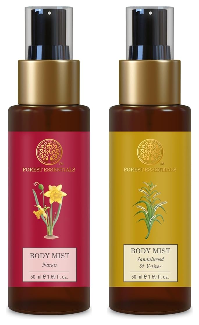 Forest Essentials Sandalwood Vetiver and Nargis travel body mist duo