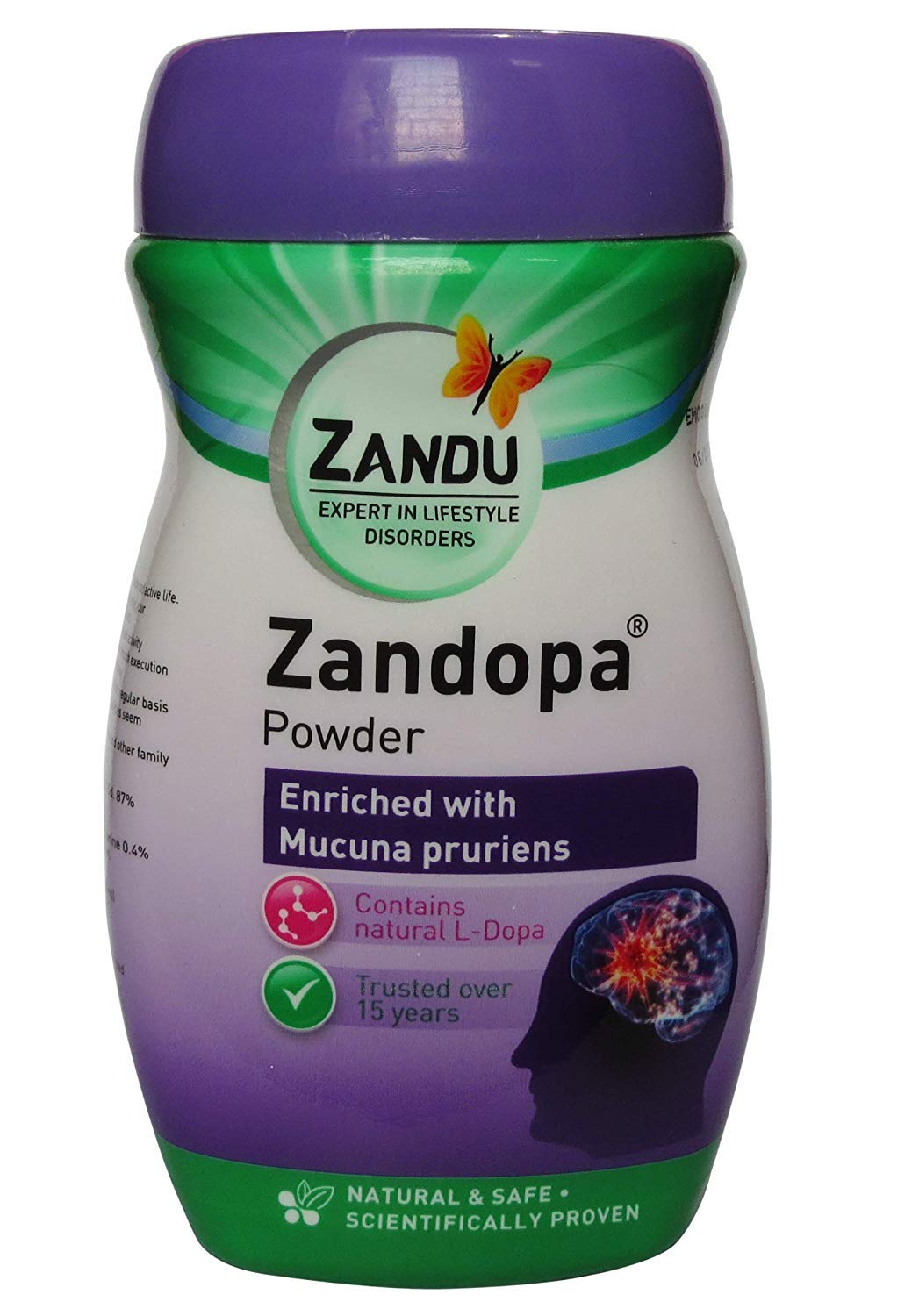 Front view of Zandu Zandopa Powder 200g purple pack