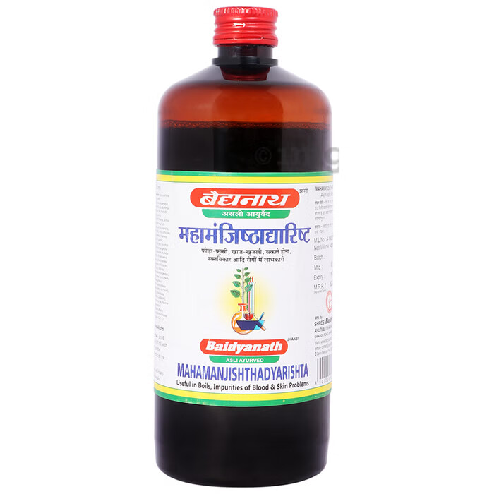 Front view of Baidyanath Mahamanjishthadyarishta 450 ml bottle