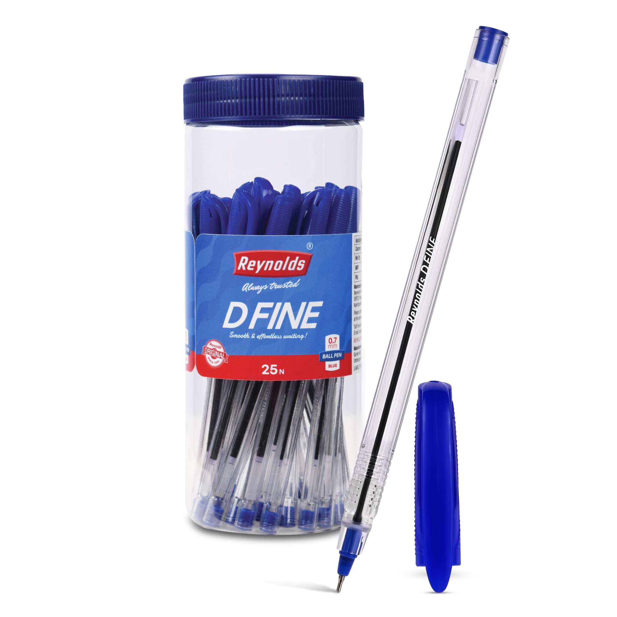 Pack of 25 Reynolds DFINE blue ball pens, 0.7 mm tip