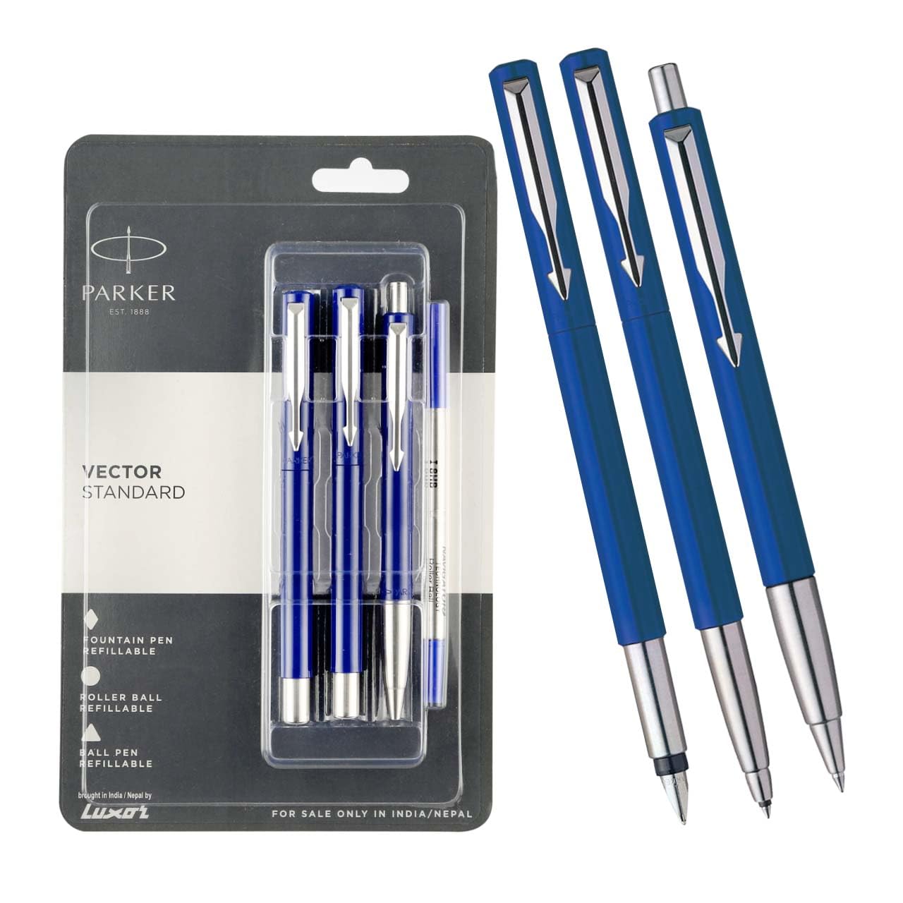 Parker Vector Standard Fountain Pen, Roller Ball Pen and Ball Pen - (Blue) – view 1