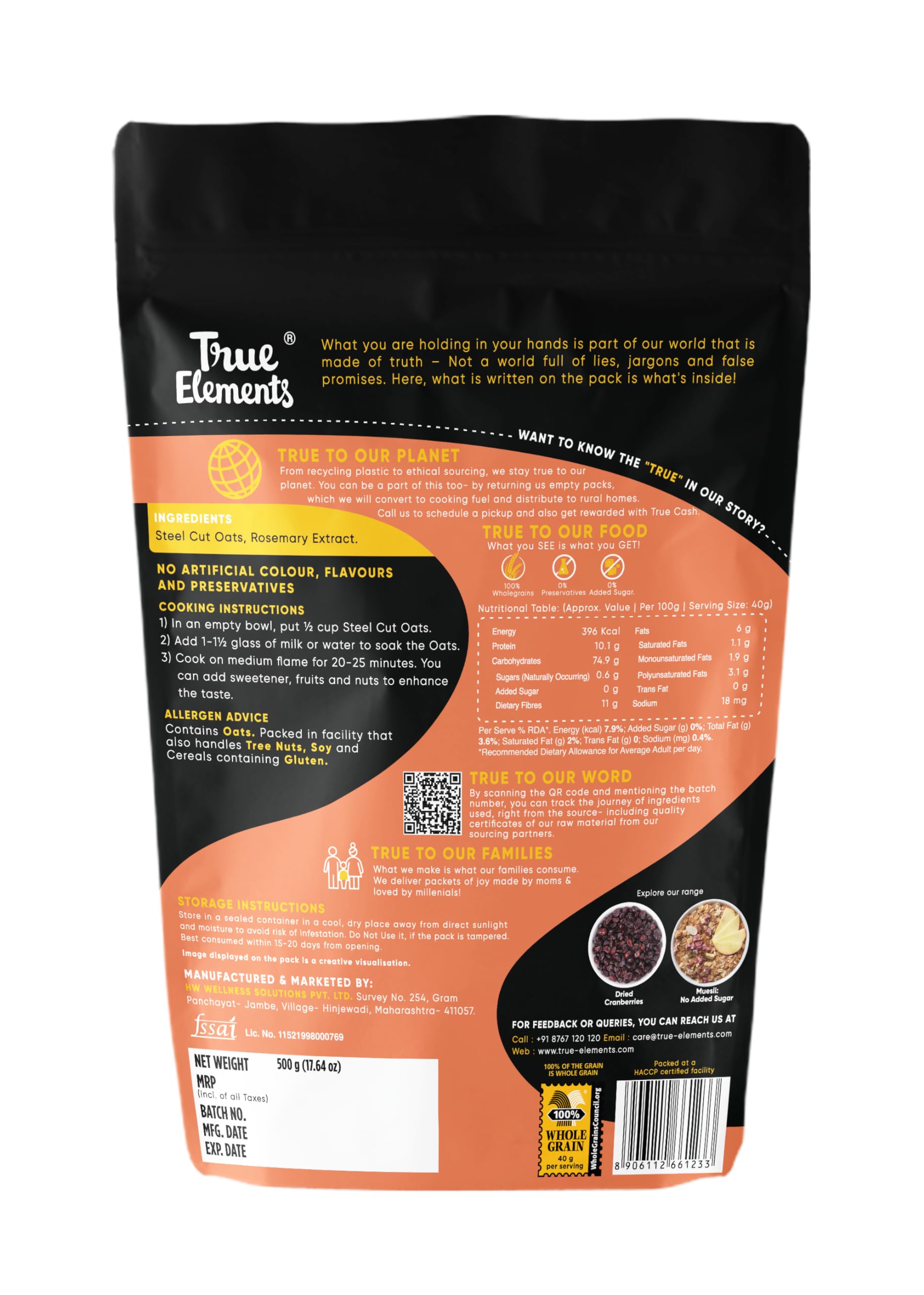True Elements Steel Cut Oats 500g – view 2