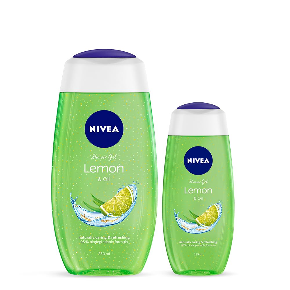 NIVEA Lemon body wash gel bottles in home and travel sizes