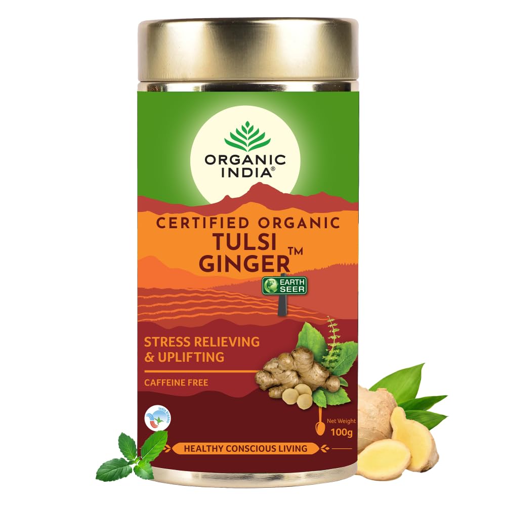 Organic India Tulsi Ginger tea pack with loose herbal blend