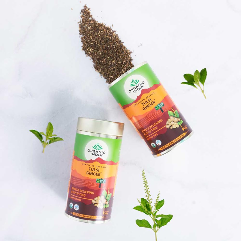 A TATA Product - Organic India Tulsi Ginger Tea - 100g, Rich in Antioxidants, Supports Digestion, Stress Relieving, Helps Boost Metabolism, Caffeine-Free, Whole Herbs – view 3