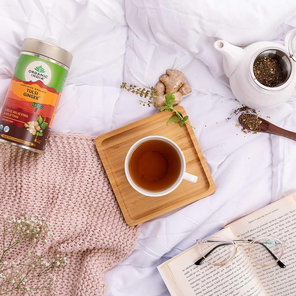 A TATA Product - Organic India Tulsi Ginger Tea - 100g, Rich in Antioxidants, Supports Digestion, Stress Relieving, Helps Boost Metabolism, Caffeine-Free, Whole Herbs – view 4