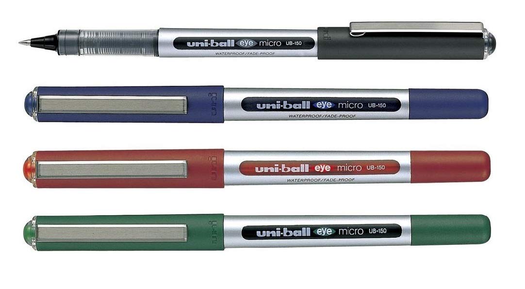 Four uni-ball Eye UB150 0.5 mm pens in assorted ink colors
