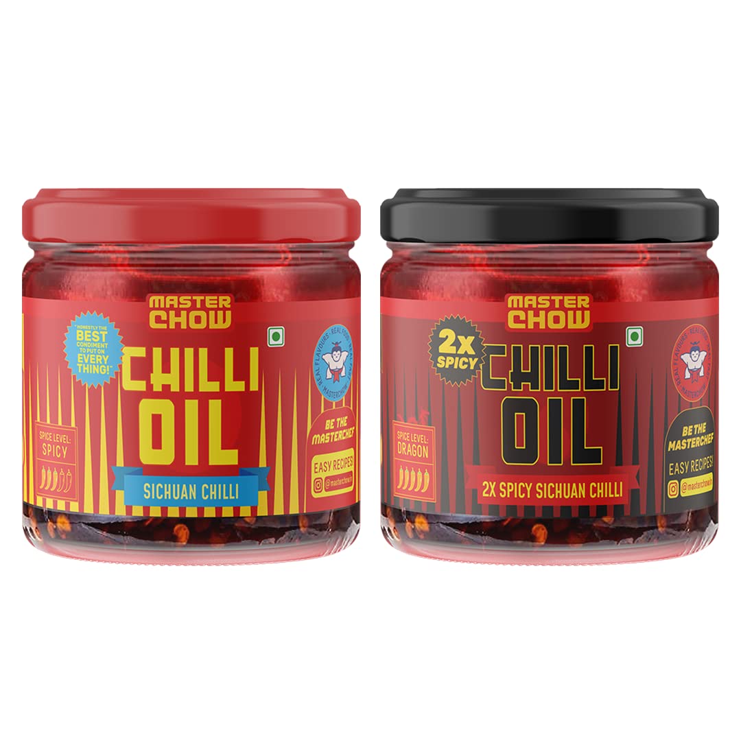 Two jars of MasterChow chilli oil in mild and spicy variants