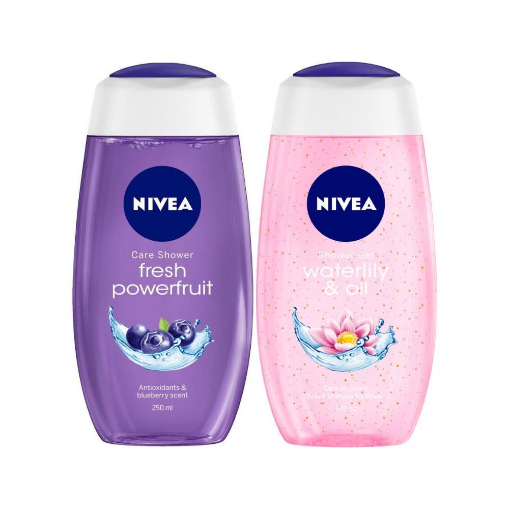 Two Nivea body wash bottles in Power Fruit and Water Lily