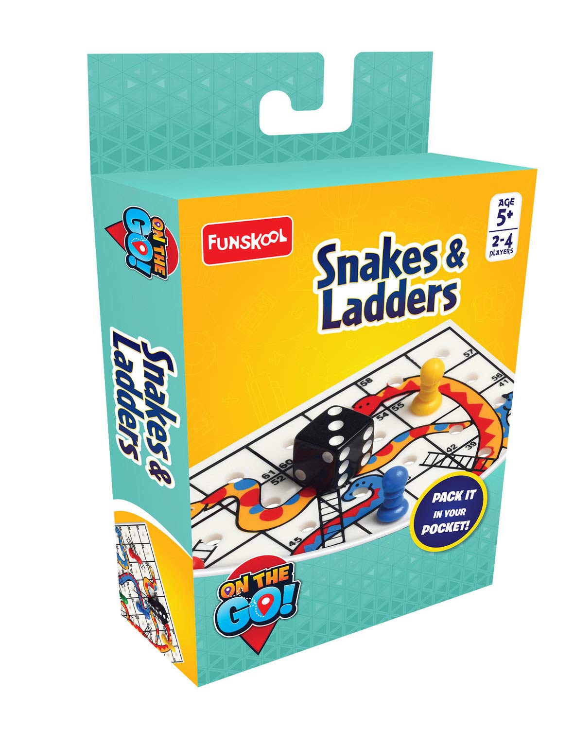 Portable Funskool snakes and ladders game board with pawns