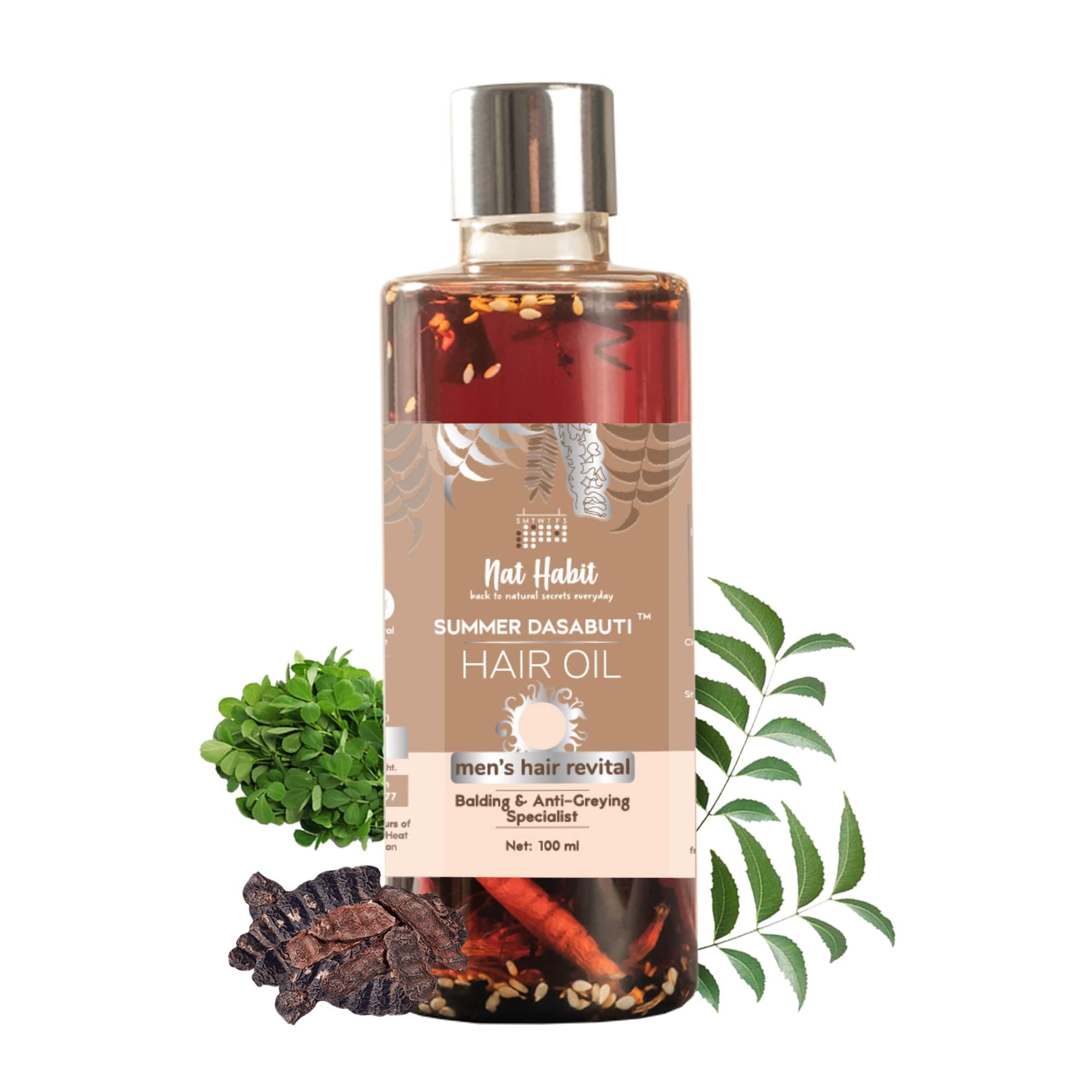 Front view of Nat Habit men's herbal hair oil bottle