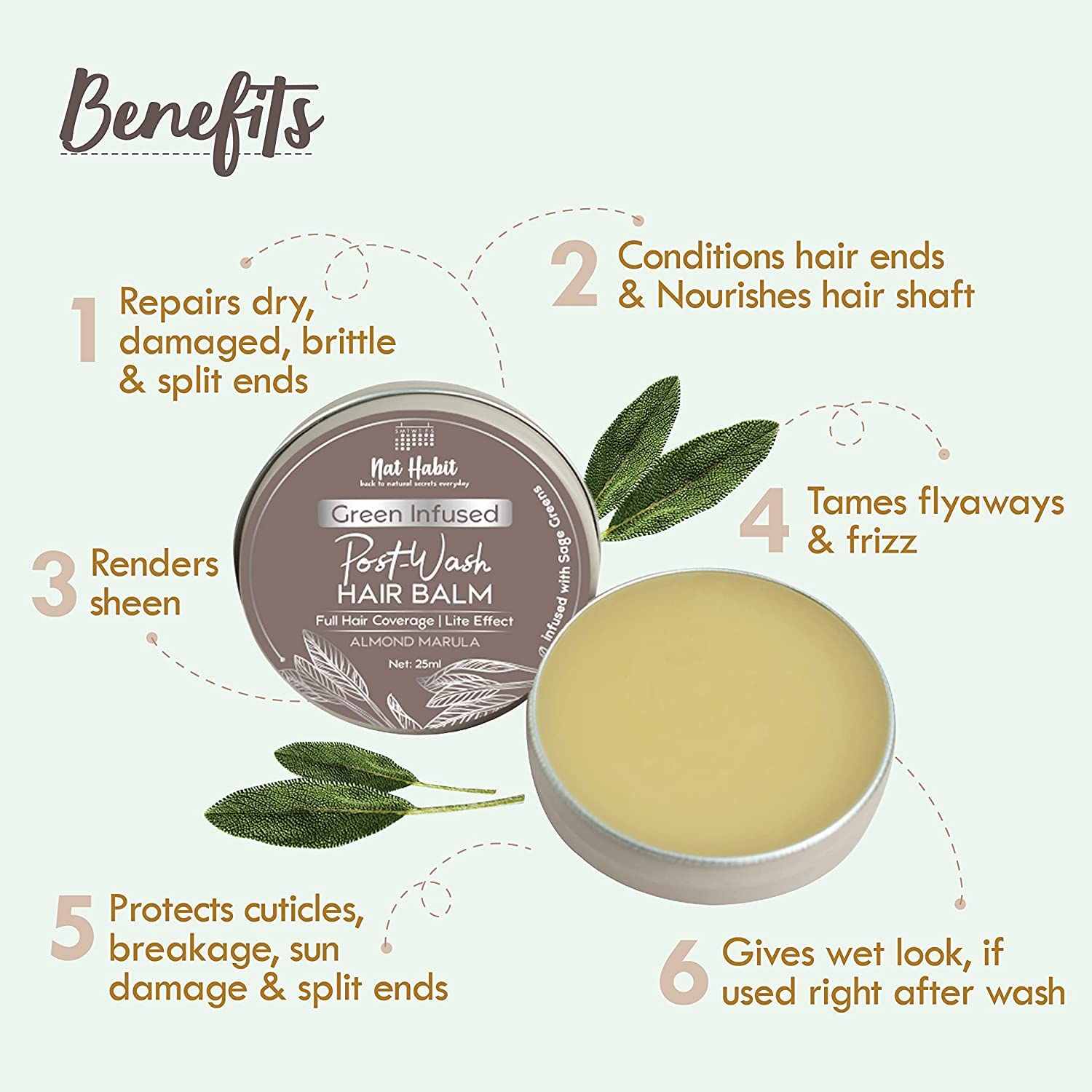 Nat Habit Almond Marula Hair Balm For Men & Women Split Ends, Smoothening, Straightening, Conditioning & Frizzy Hair- Infused with Sage Leaves & Oils (Pack of 1, 25ml) – view 5