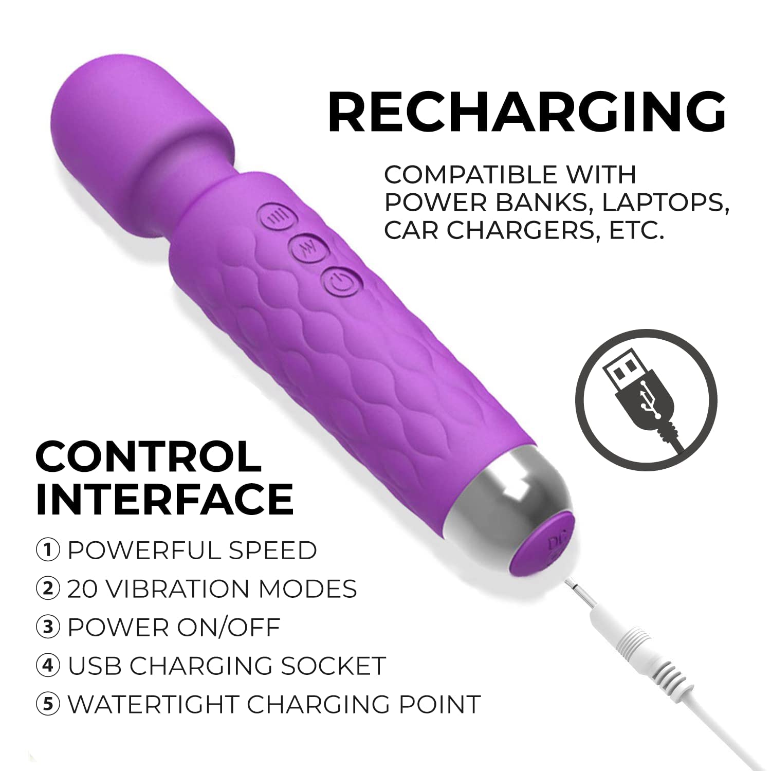 FEGSY Full Body Massager for Women & Men, Rechargeable Wireless Massager Machine for Pain Relief, Handheld Massager with Medical Grade Silicone, 8 Speeds, 20 Modes (Purple) – view 8