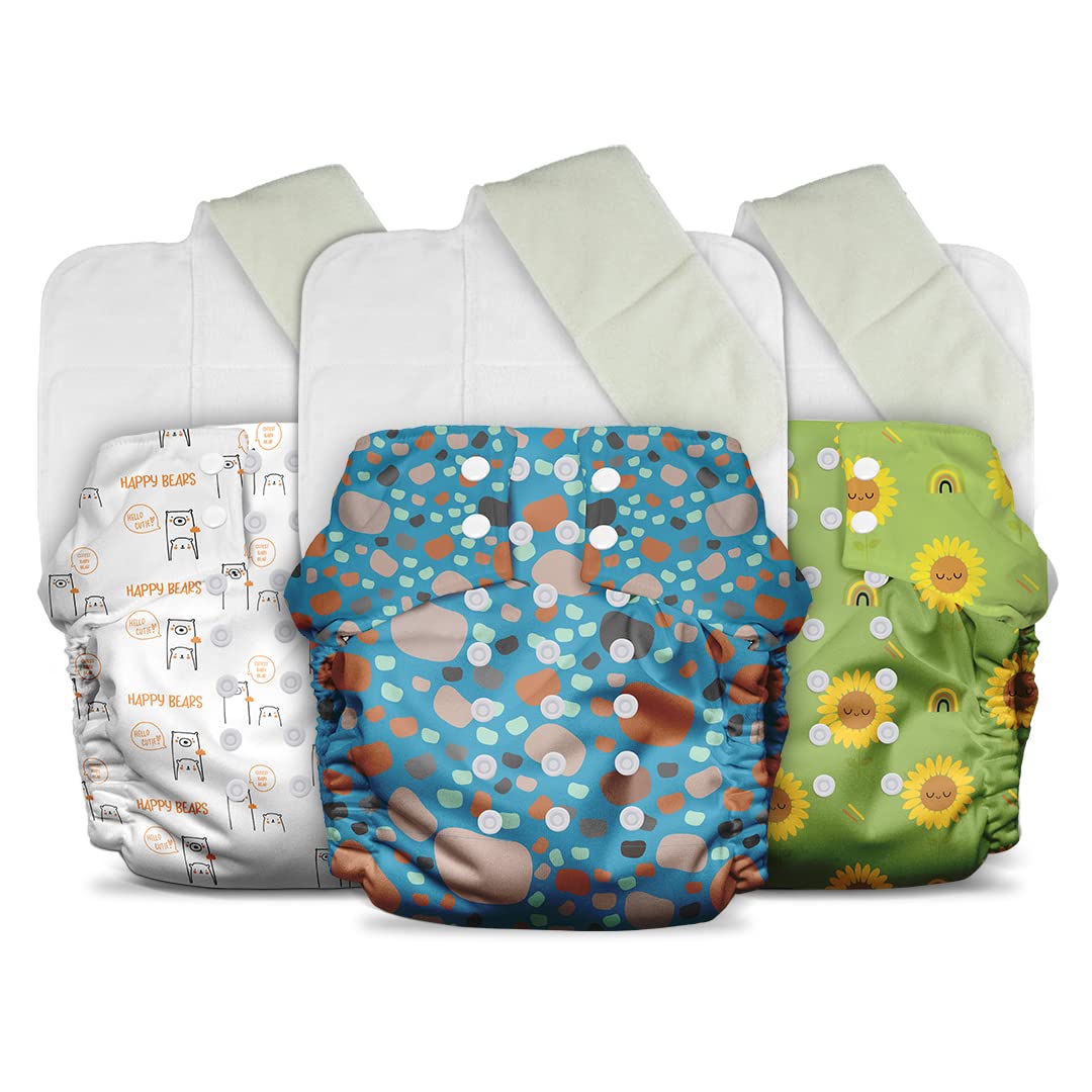 Three Mother Sparsh reusable baby cloth diapers with colorful prints