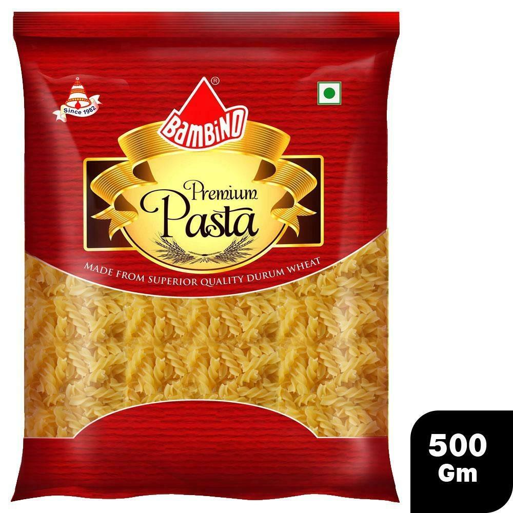 Bambino spirali pasta 500 g retail packet on plain background
