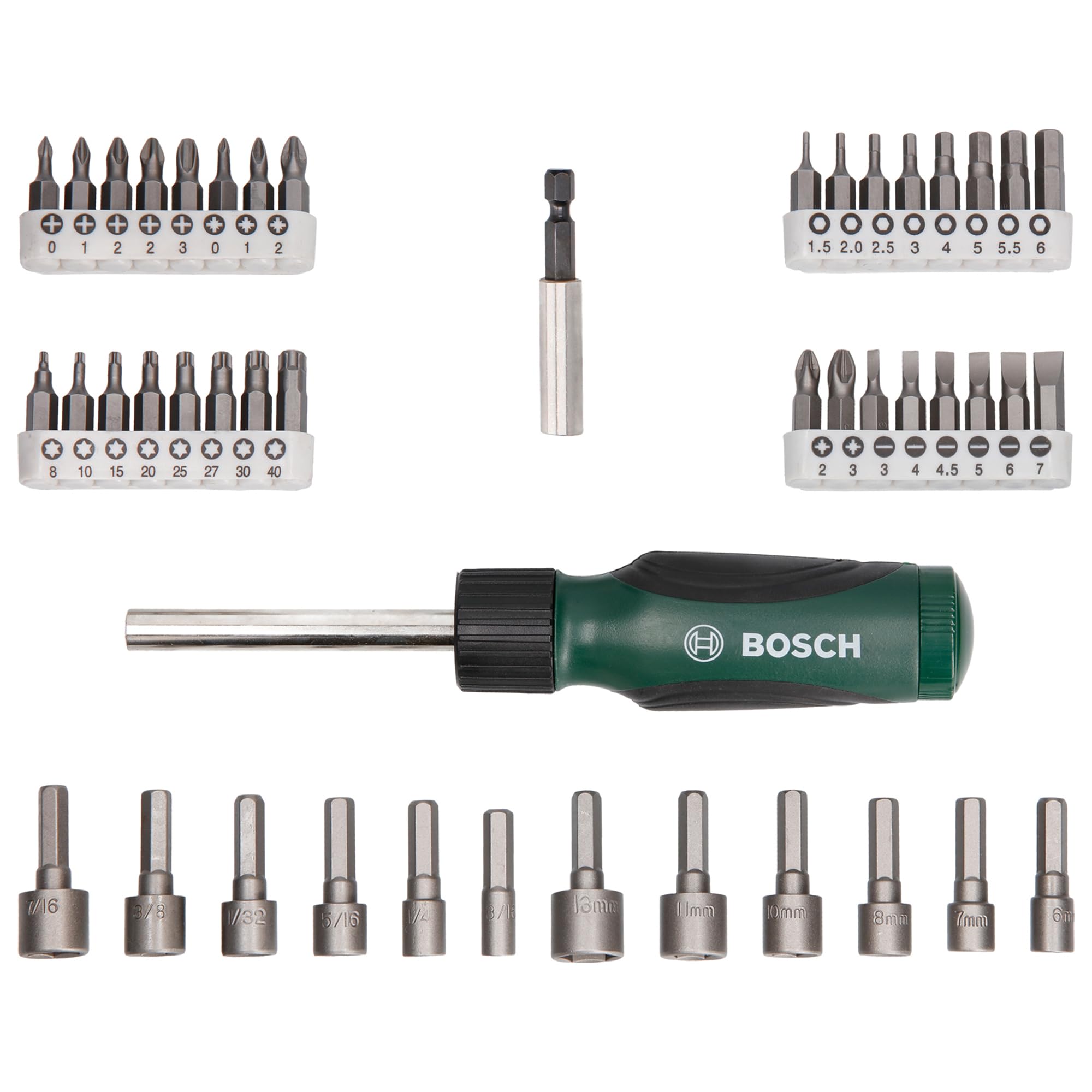 BOSCH 46-Piece Screwdriver Bit Set, 46 Pieces - 32 Screwdriver Bits, Nut-setters in 12 Sizes, Magnetic Universal Holder, Rachet Screwdriver, Green, Hard Case – view 2