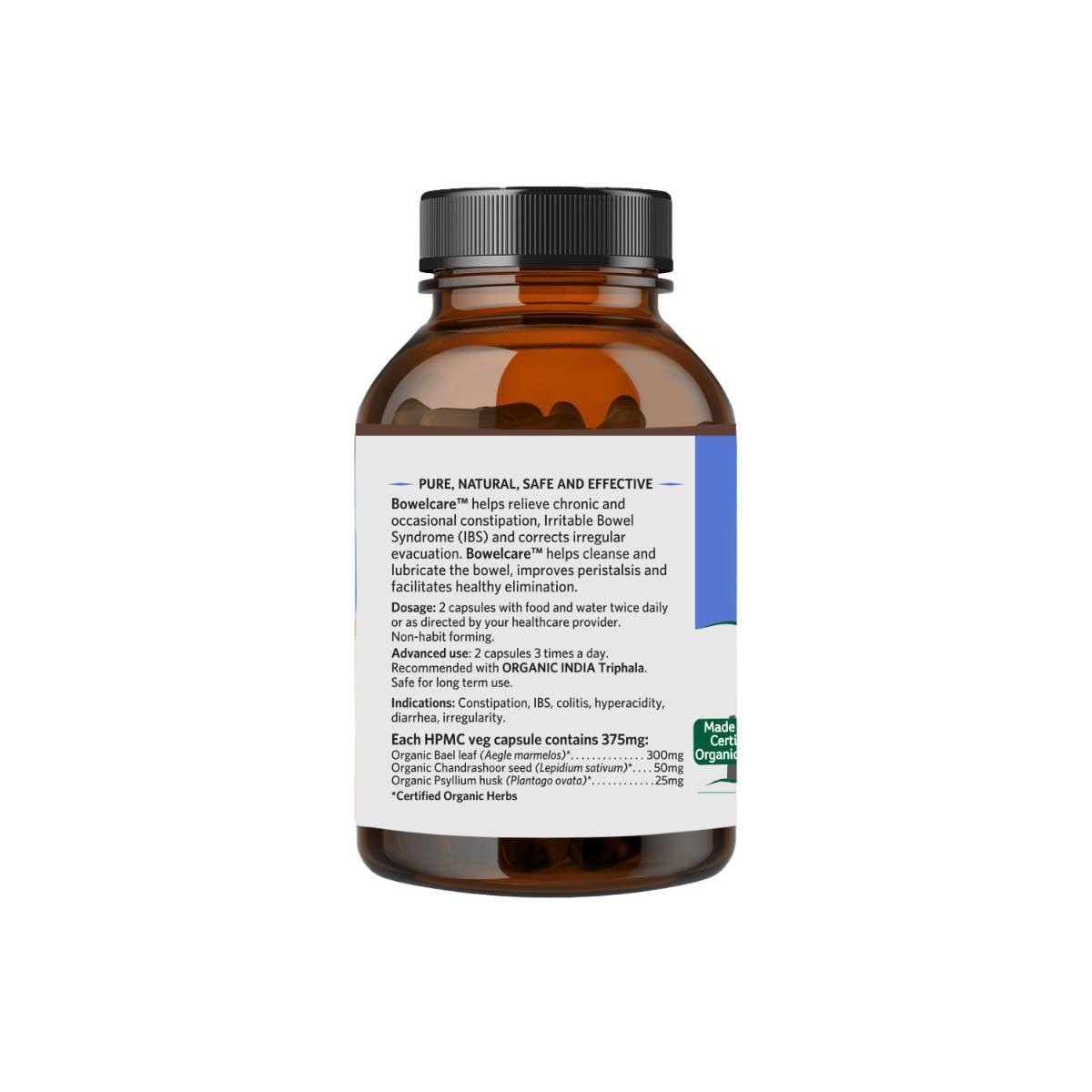 A TATA Product - Organic India Bowelcare - 180 Veg Capsules, Helps Relieve Constipation, Hyperacidity & IBS, Clean & Lubricate Bowel, Normalizes Digestion & Elimination, GMP & NPOP Certified Organic – view 2