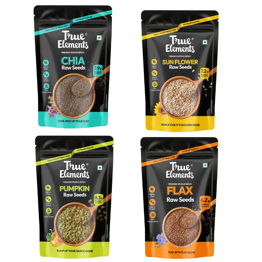 Edible Seeds Combo 700g by True Elements (Chia + Sunflower+ Pumpkin each 150g + Flax Seeds 250g) Pack of 4