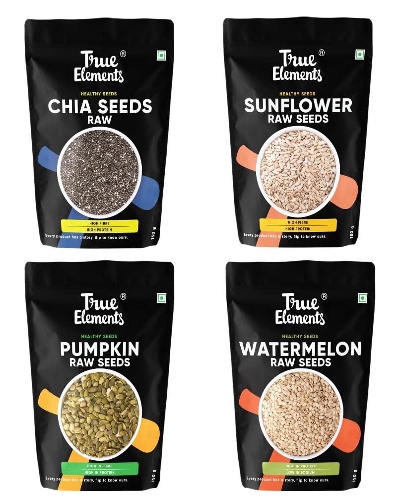 True Elements Healthy Raw Seeds Combo Pack (150g*4) - Seeds for Eating Combo | Chia Seeds, Pumpkin Seeds, Watermelon Seeds & Sunflower Seeds