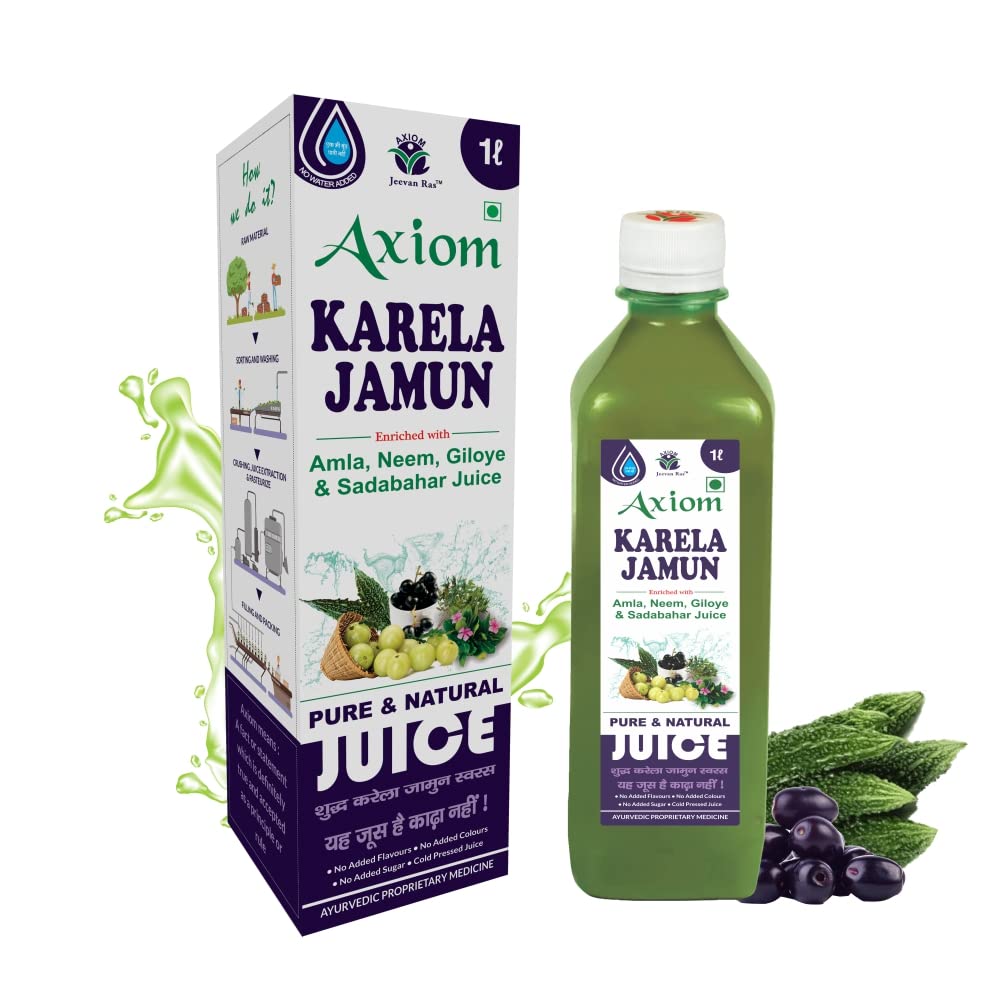 Front-facing Axiom Karela Jamun Juice bottle, 1 liter herbal liquid