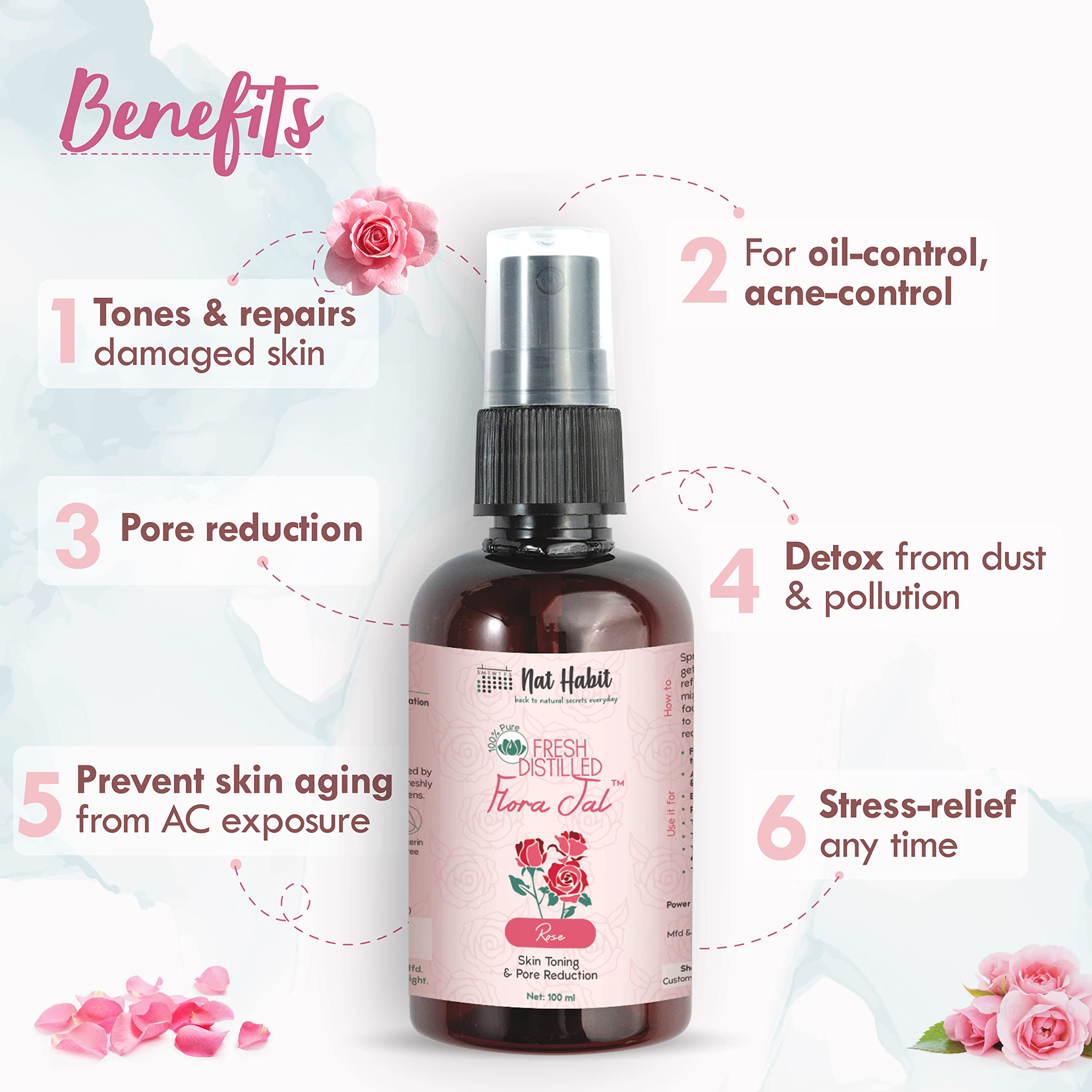 Nat Habit 100% Pure Gulab Jal - Rose Water - Toner, Face-Mist, Astringent & Face Spray - Ayurvedic, Steam-Distilled For Oil-Control, Skin Hydration (Pack of 1, 100 ml) – view 3