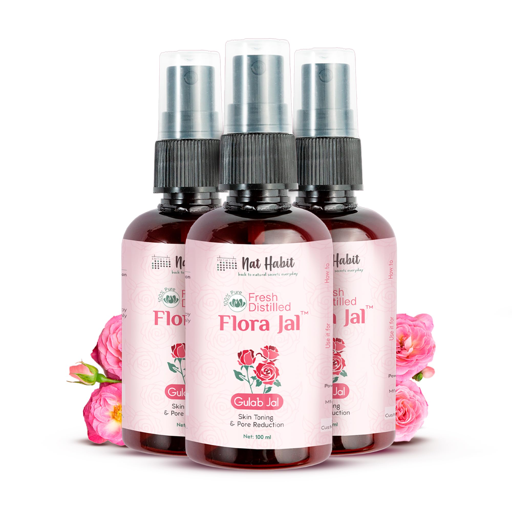Three Nat Habit pure rose water toner bottles for face mist