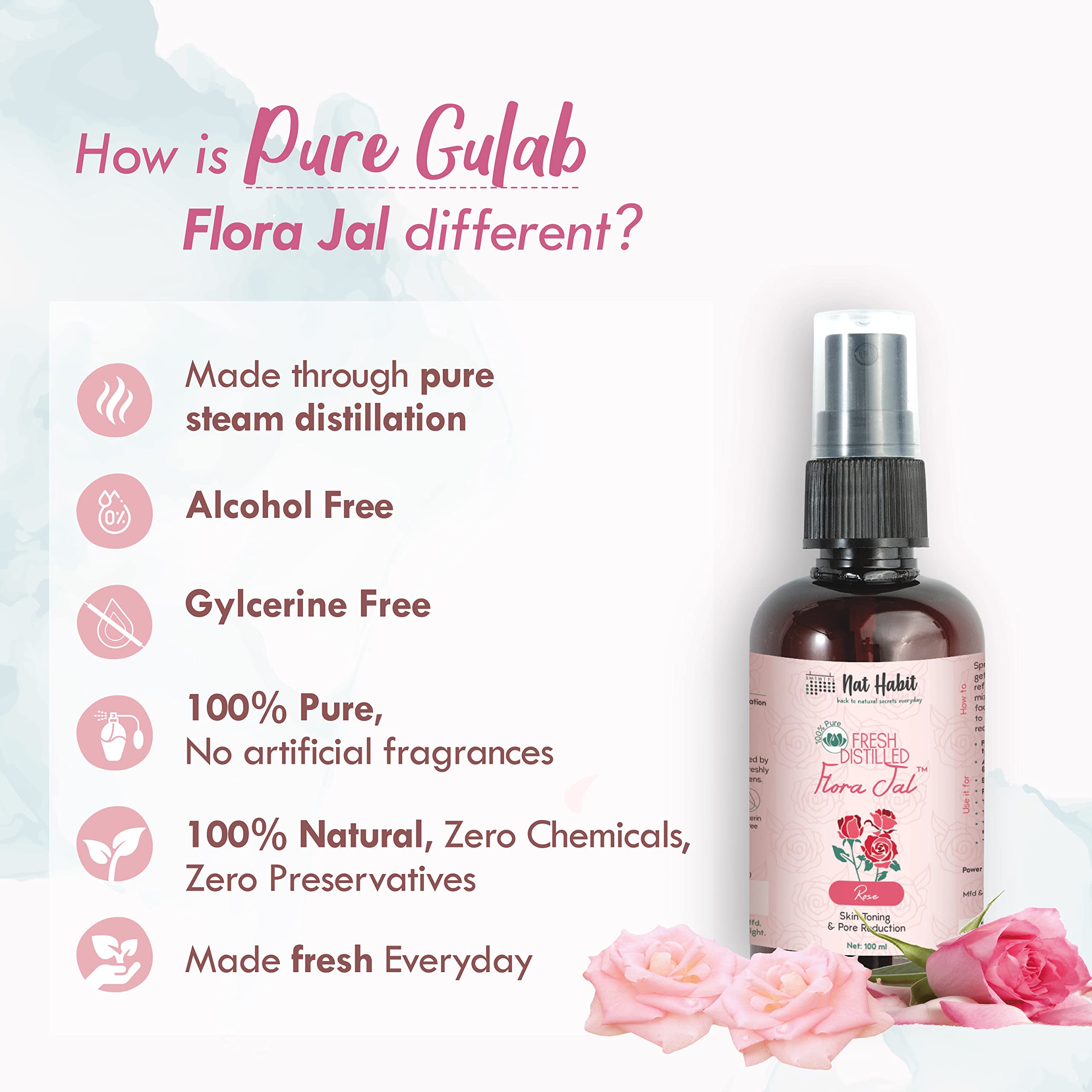Nat Habit - 100% Pure Gulab Jal - Rose Water - Toner, Face-Mist, Astringent & Face Spray - Ayurvedic, Steam-Distilled For Oil-Control, Skin Hydration (Pack of 3, 100 ml) – view 4