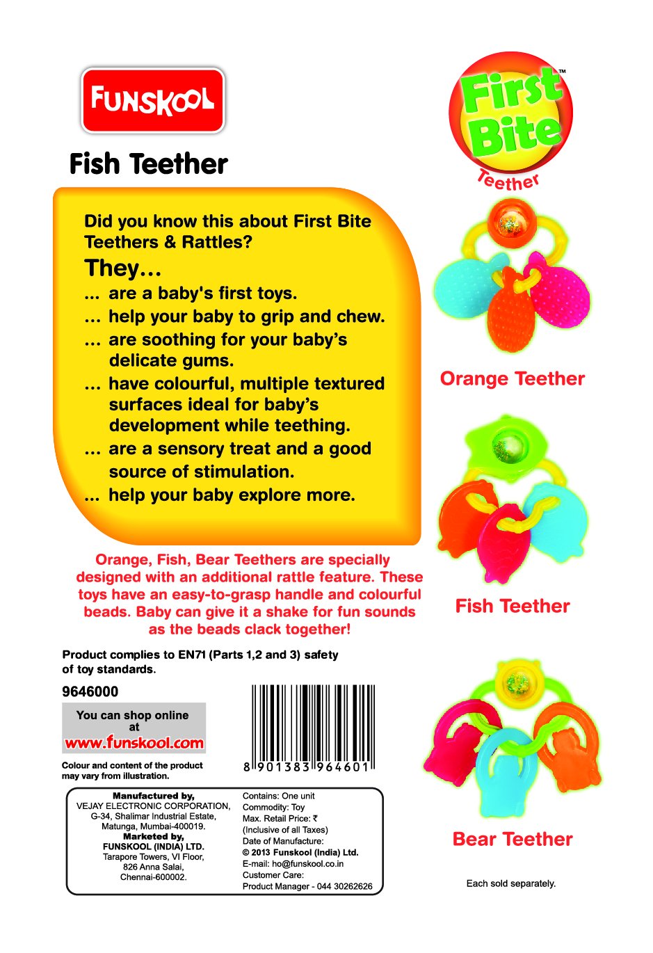 Funskool Giggles, Fish Teether, Teether for Babies to soothen their gums, Easy to Grasp and chew with rattle sounds, 3 months & above, Infant Toys – view 3