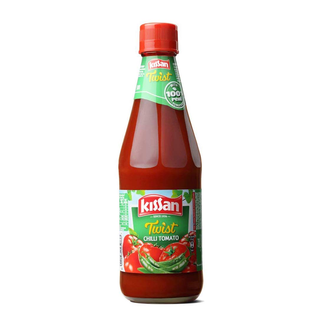 Front-facing Kissan chilli tomato sauce bottle in 200 g size