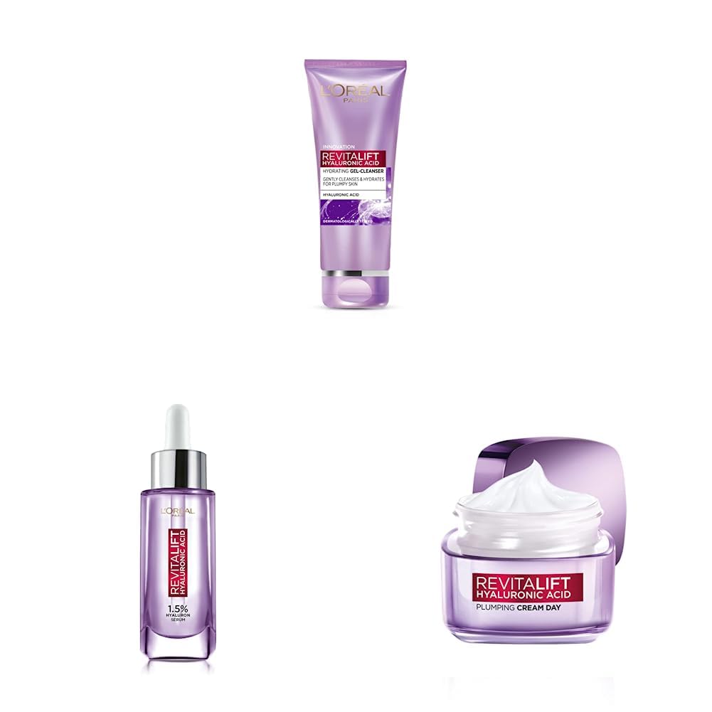 L'Oréal Paris skincare set with serum, plumping cream, cleanser