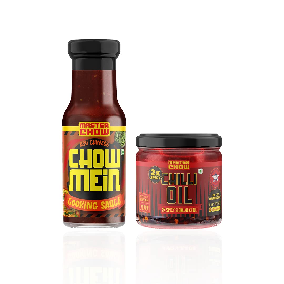 Glass jars of MasterChow chowmein sauce and spicy chilli oil