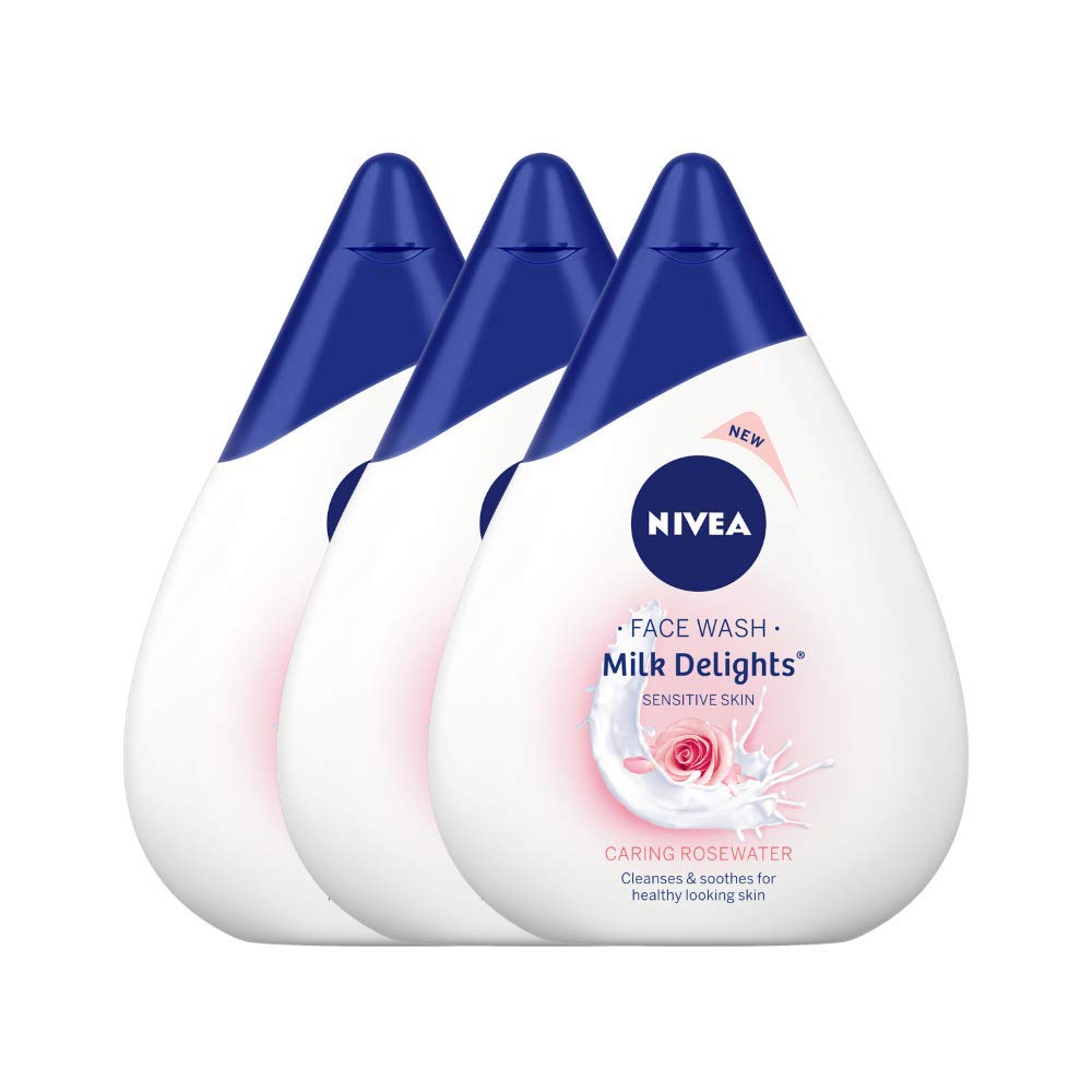 Three bottles of NIVEA rosewater face wash for sensitive skin
